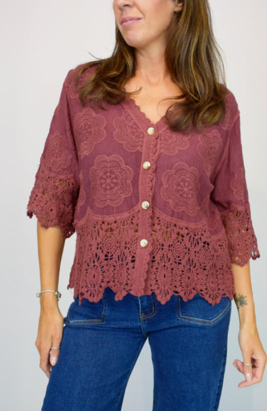 Embroidered crochet trim top