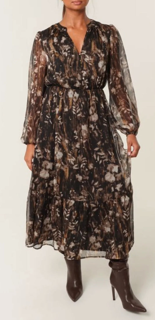 Leaf print diamante dress