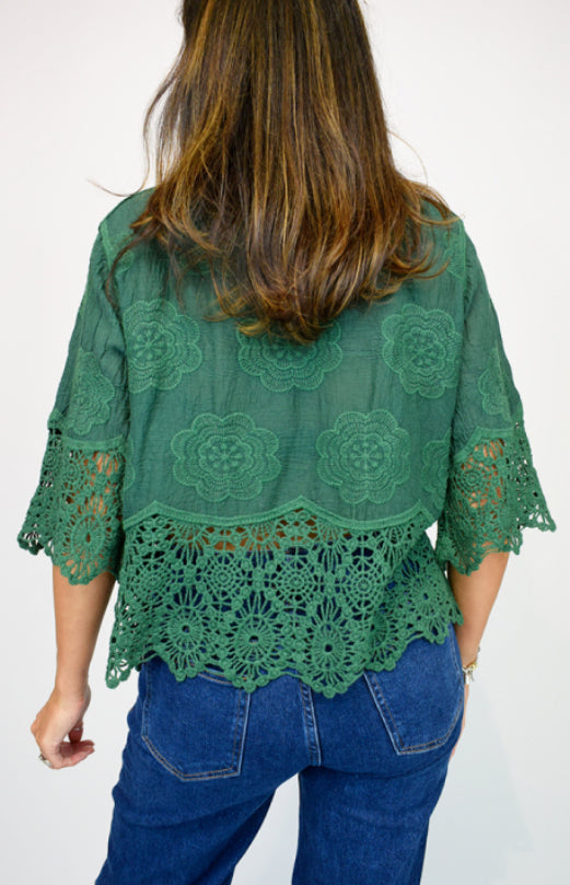 Embroidered crochet trim top