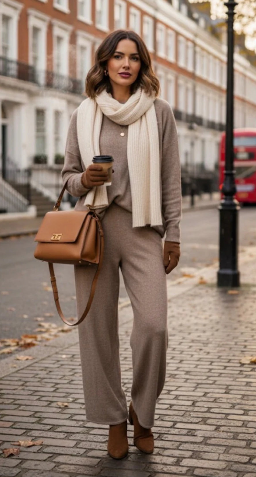 Woman in a beige outfit with a scarf and handbag walking on a street.