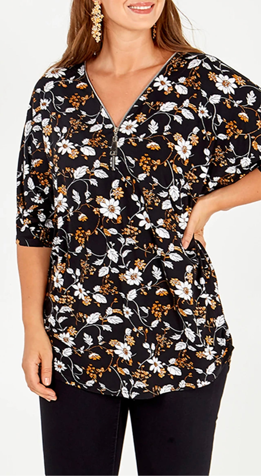 Floral print zip front top