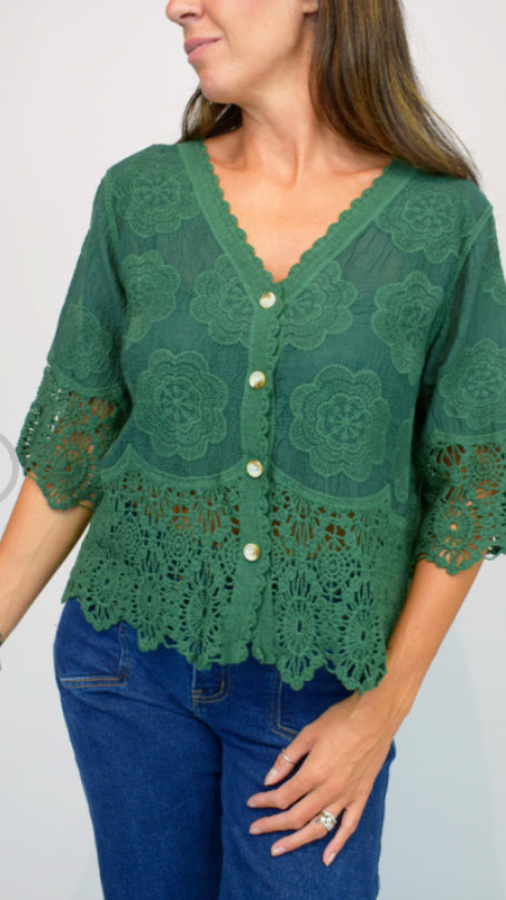 Embroidered crochet trim top