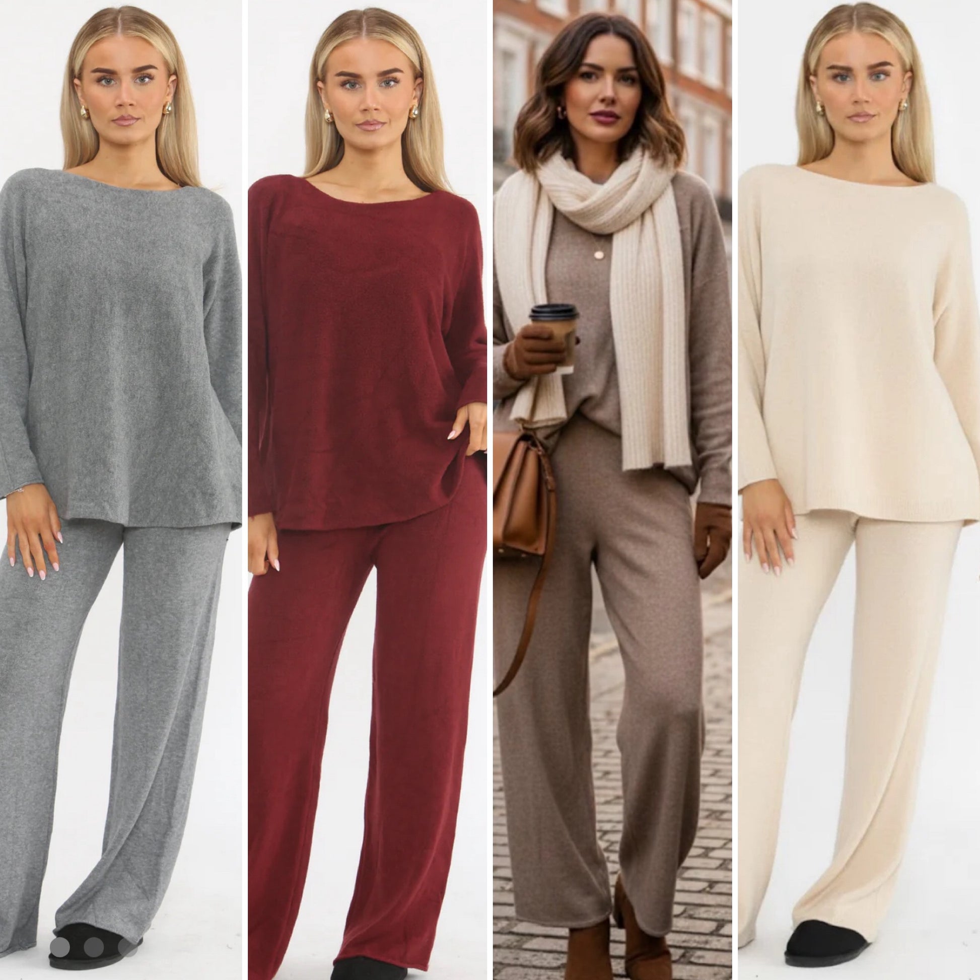 Four women wearing different color outfits in a collage.