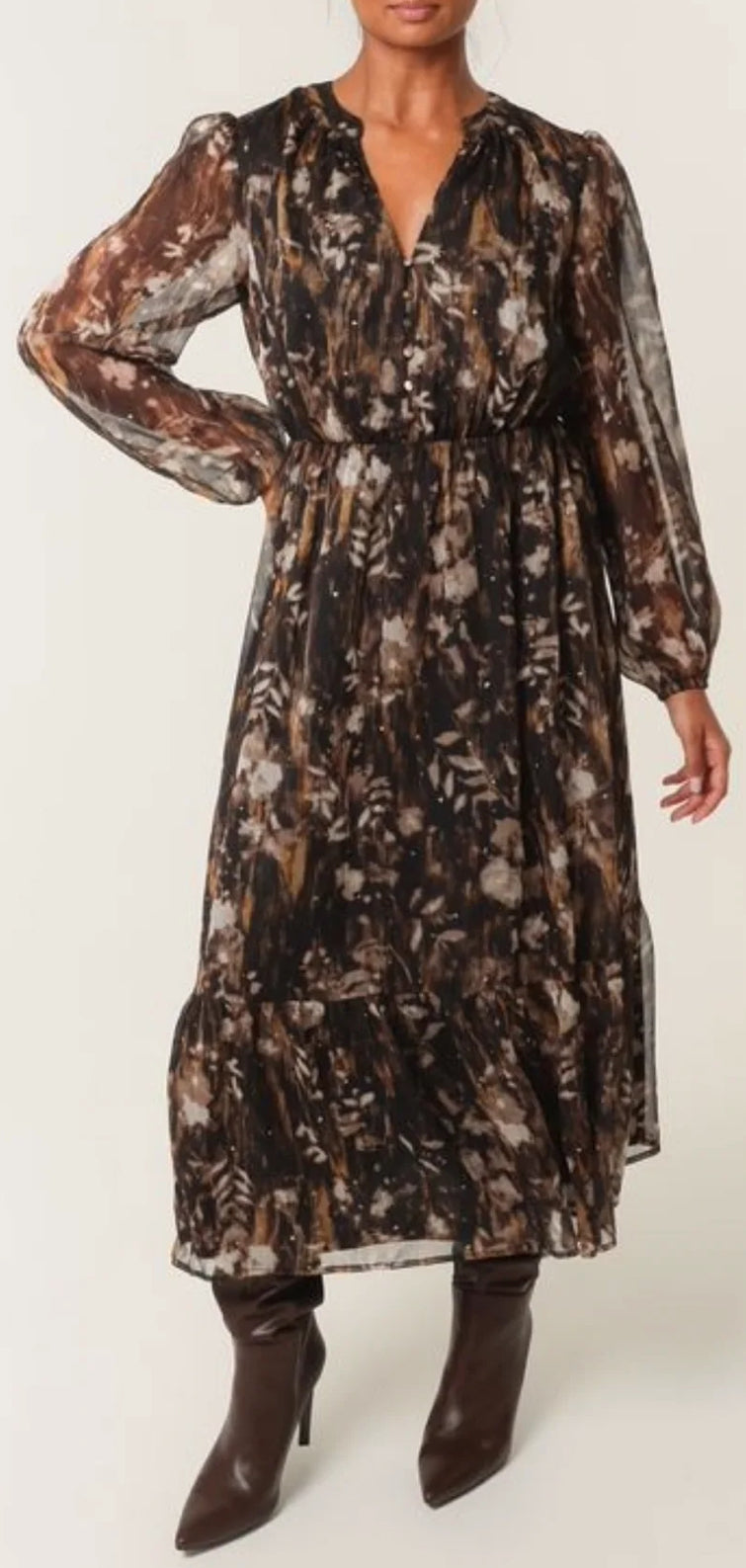 Leaf print diamante dress