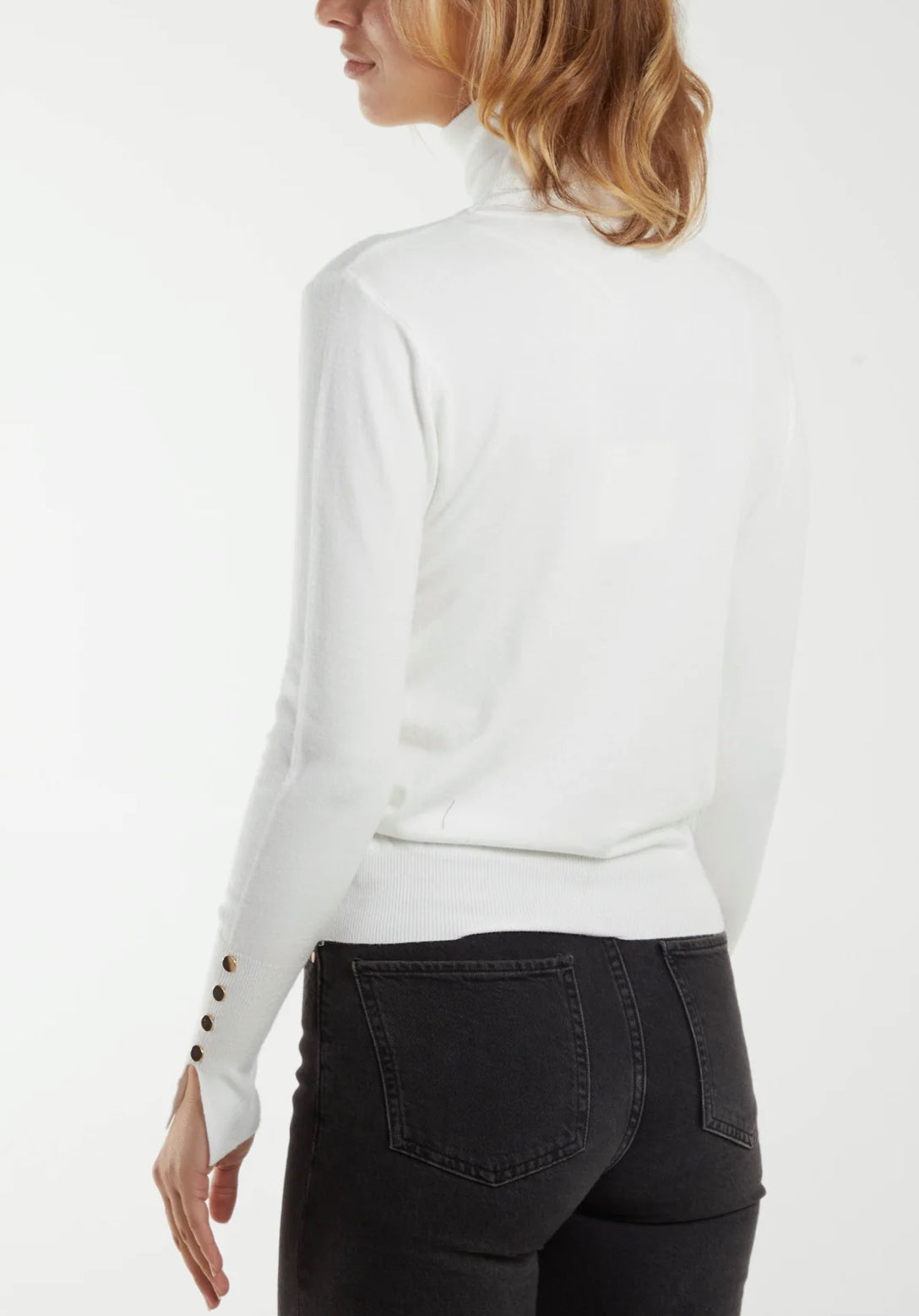 Button sleeve roll neck jumper