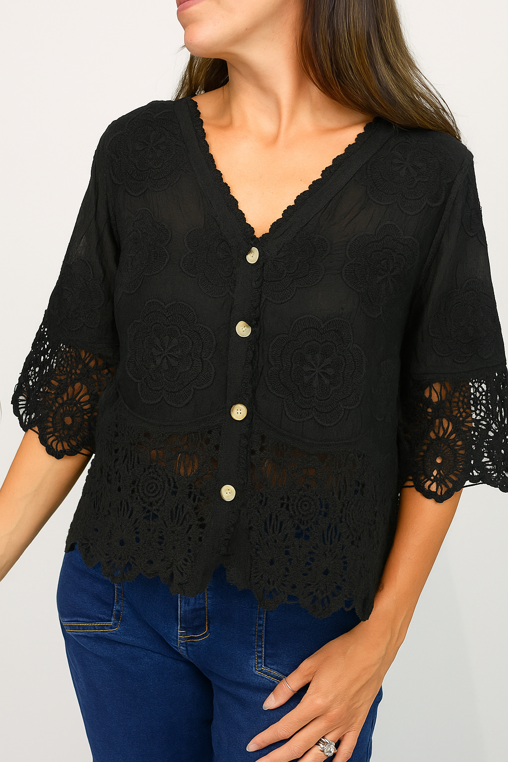 Embroidered crochet trim top