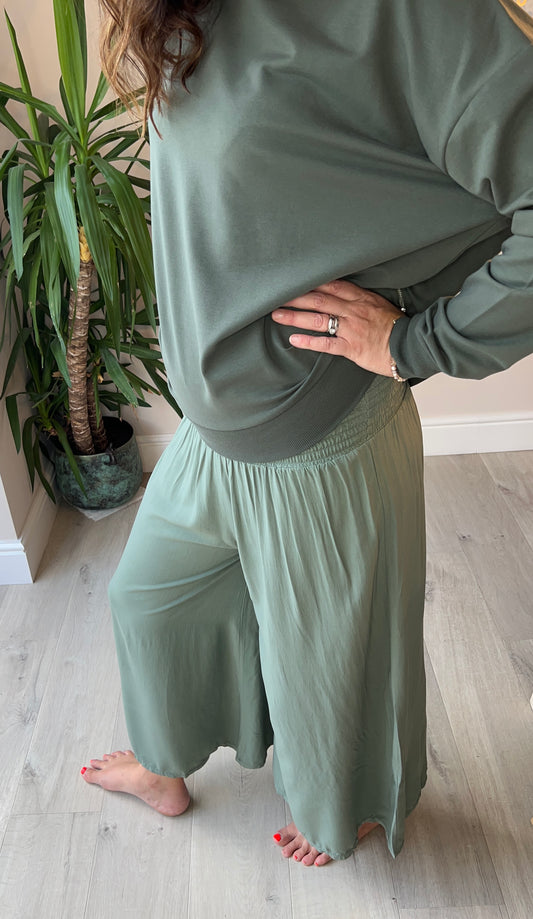 Shirred waistband wide leg trousers