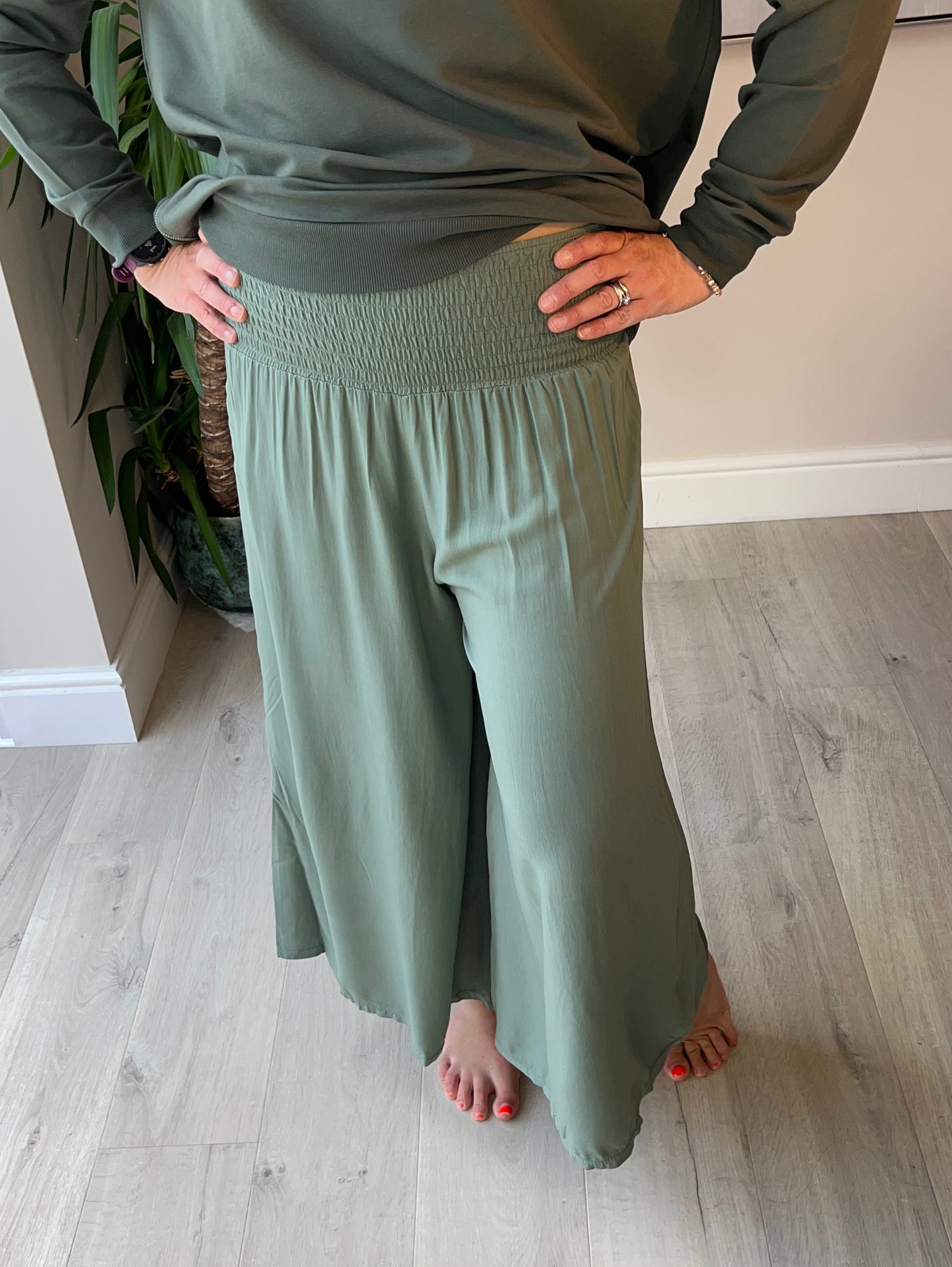 Shirred waistband wide leg trousers