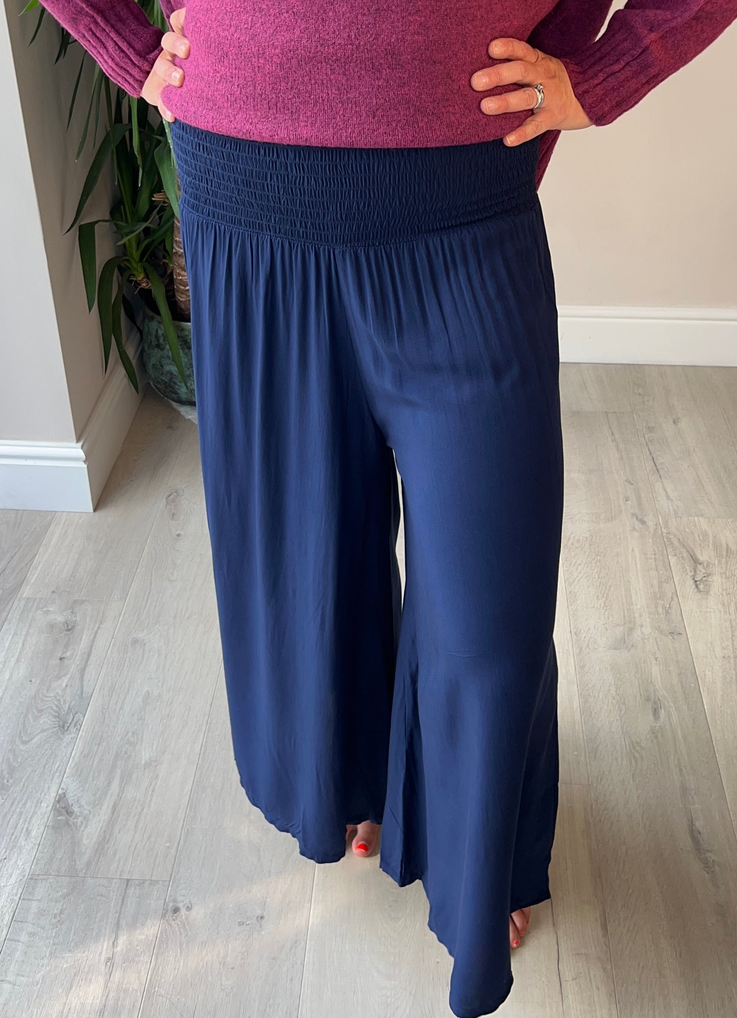 Shirred waistband wide leg trousers