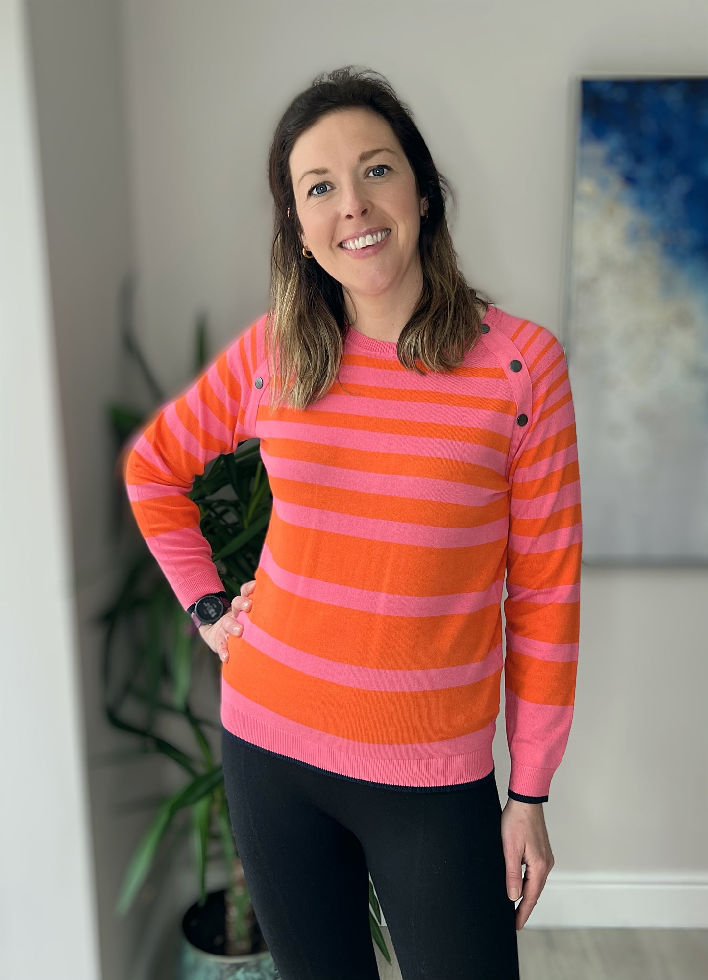 Stripy pink and orange pullover with button detail