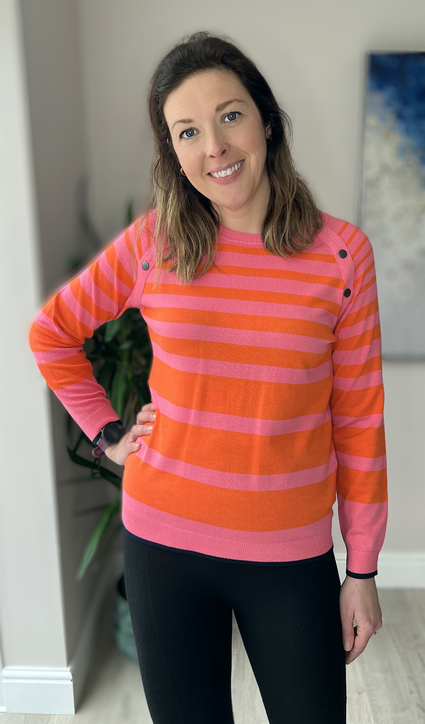 Stripy pink and orange pullover with button detail