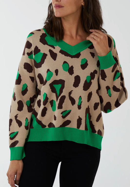 Ribbed detail animal print jumper