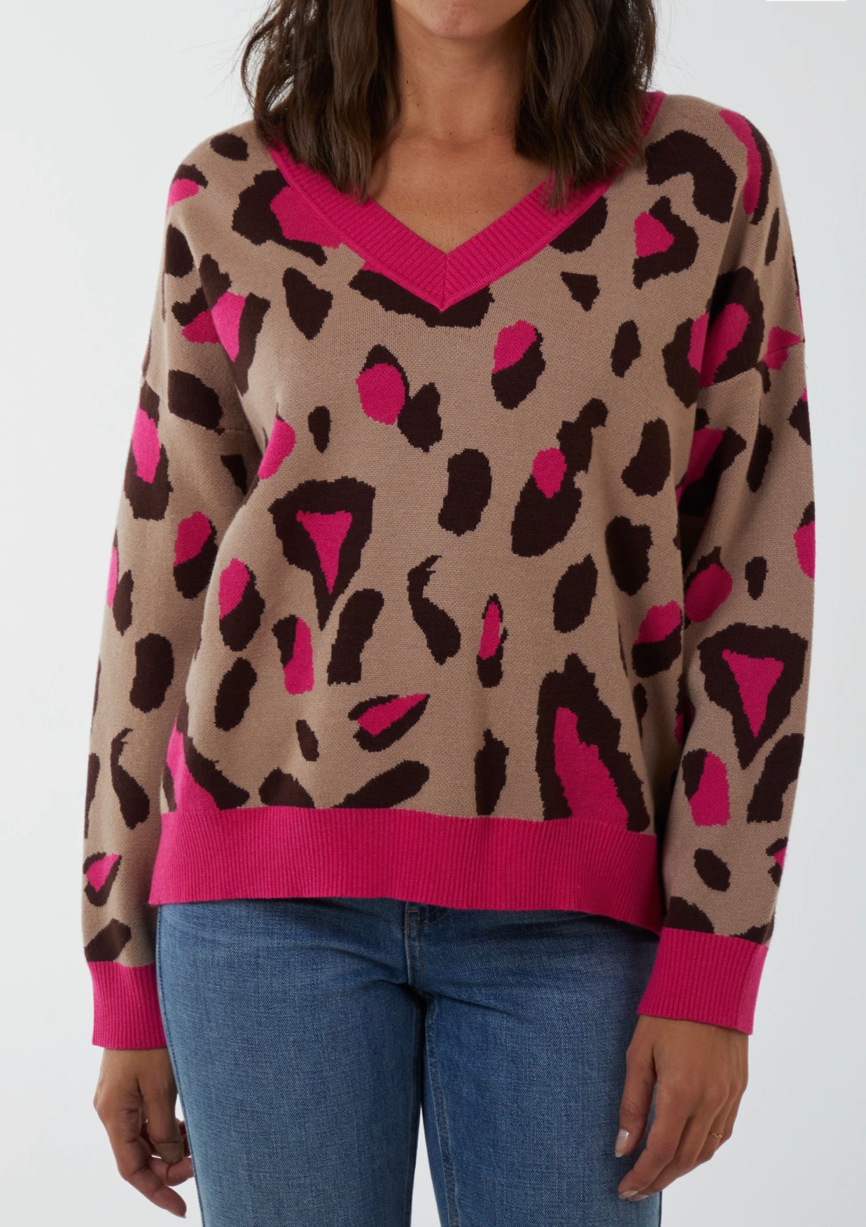 Ribbed detail animal print jumper