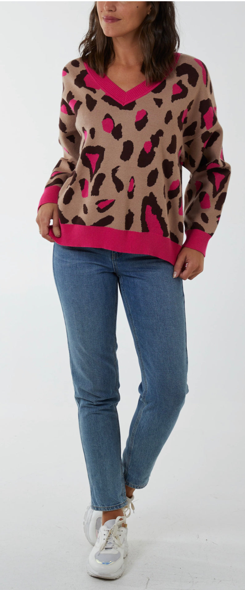 Ribbed detail animal print jumper